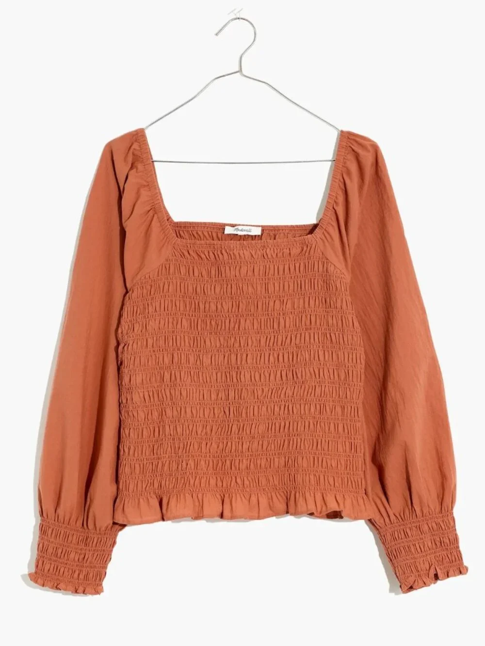 Madewell Lucie Smocked‎ Top Long Puff Sleeve Square Neck Size XL Warm Terracotta